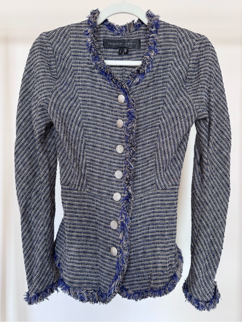 Theyskens' Theory Blue Gray Tweed Fringe Button Blazer